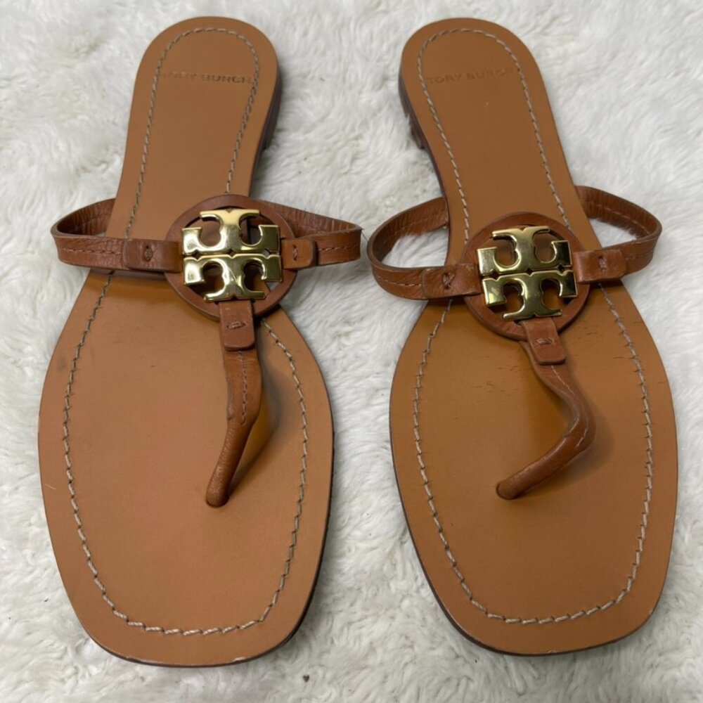 Tory Burch Mini Miller Leather Thong Sandals Vintage Vachetta Brown Gold Size 8